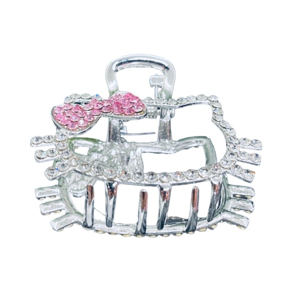 Silver and Pink Rhinestone Cat Face Hair Clip - Picture 3 of 3